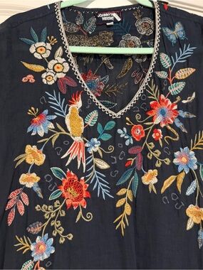 Johnny Was Workshop Navy Floral Embroidered V-Neck Dress